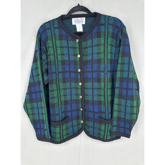 90s Vintage Cardigan Sweater Womens Large Blue Tartan Plaid Green Gold Buttons - Picture 7 of 9